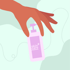 human hands fingers gestures different poses holding small skincare in flat illustration