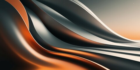Fototapeta premium Abstract waves, fluid metallic curves, orange and gray tones, smooth surfaces, dynamic shapes, futuristic design, sleek texture, minimalist composition, 3D rendering, glossy finish, sunset-inspired co