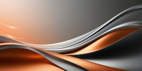 Abstract waves, fluid metallic curves, orange and gray tones, smooth surfaces, dynamic shapes, futuristic design, sleek texture, minimalist composition, 3D rendering, glossy finish, sunset-inspired co