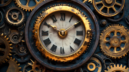 Obraz premium Intricate gears and clock face showcasing precision and artistry in a steampunk design. perfect for technology and creativity themes. Renaissance Artisan Workshop. Illustration