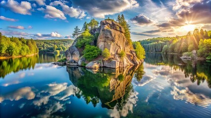 A solitary rocky island, crowned with verdant foliage, reflects upon the tranquil surface of a shimmering lake, with a vibrant sunset casting its warm glow upon the scene.