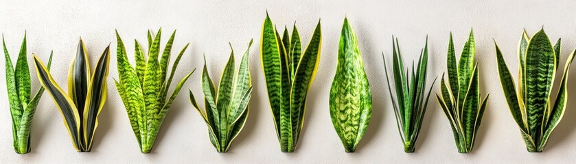 A variety of snake plant leaves arranged in a row, showcasing different shapes and patterns.