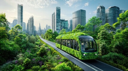 Fototapeta premium photograph of Transportation ideas towards nature conservation Reduce carbon emissions and build sustainable cities for a green future.