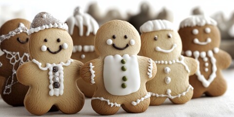 Gingerbread Family:  A delightful close-up shot of gingerbread men and women, each adorned with intricate icing designs, creating a festive and heartwarming scene.  