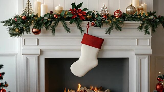 Mockup of a plain holiday stocking on a decorated fireplace mantel, with Christmas garlands, candles, and ornaments creating a festive scene. . Video