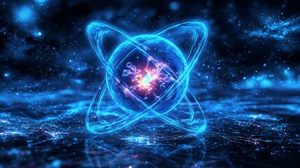 Atomic model with electrons, 3D-rendered design, scientific concept, high quality, close-up, DSLR, 16:9