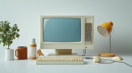 A charming retro workspace featuring a vintage computer, a stylish lamp, and decorative accessories, ideal for nostalgic and creative environments.