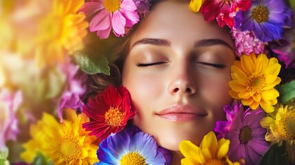 Woman Surrounded by Colorful Flowers in Peaceful Setting