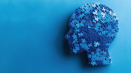Puzzle pieces forming a human head silhouette on a blue background.