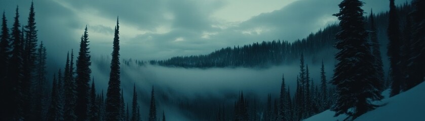 Fototapeta premium A serene winter landscape with fog and towering evergreen trees in a snowy valley.