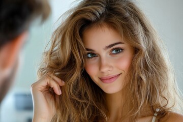 Naklejka premium Person brushing back their hair nervously as they talk to someone, capturing the body language and nervous energy of a crush, symbolizing interest and charm