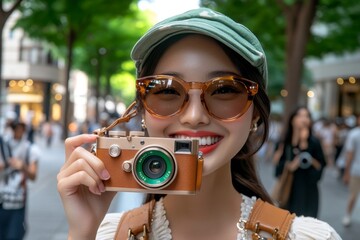 Person holding a vintage camera with a relaxed smile, in a stylish, retro outfit, capturing the nostalgia and effortless charm of coolness, symbolizing creativity and grace