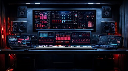 Obraz premium A modern music studio setup with a large computer screen, a keyboard, and studio monitors.