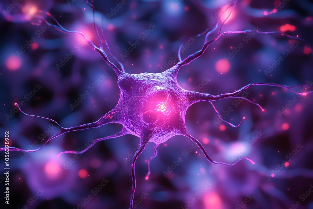 Poster a detailed 3d illustration of a neuron cell with dendrites and axon.