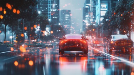 Fototapeta premium Cityscape with Red Car in Rain