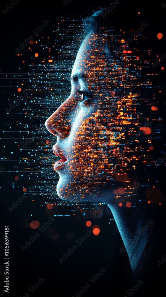 Poster a woman's face is depicted in profile, composed of glowing, digital particles that evoke a sense of 