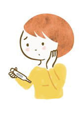 体温計を見て不安そうな女性の上半身イラスト