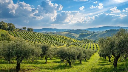 Fototapeta premium A panoramic view of an olive plantation in a Mediterranean landscape, with twisted olive trees dotting the rolling hills