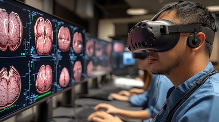 A doctor in a lab uses VR technology to examine images of a human brain on a computer screen.