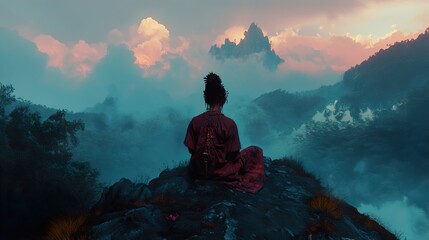 Obraz premium Woman Meditating on Mountaintop with Misty View