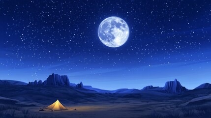 Fototapeta premium Full moon high in the sky during a summer night, illuminating a campsite in a vast desert generative ai