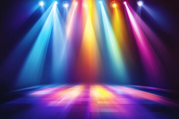 Obraz premium Vibrant stage lighting with colorful beams illuminating a dark background, perfect for events, performances, and theatrical productions.
