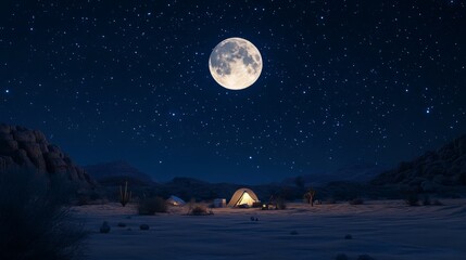 Full moon high in the sky during a summer night, illuminating a campsite in a vast desert generative ai