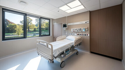 modern hospital room featuring clean, well lit environment with hospital bed, medical equipment, and large windows offering view of nature. space conveys sense of comfort and care