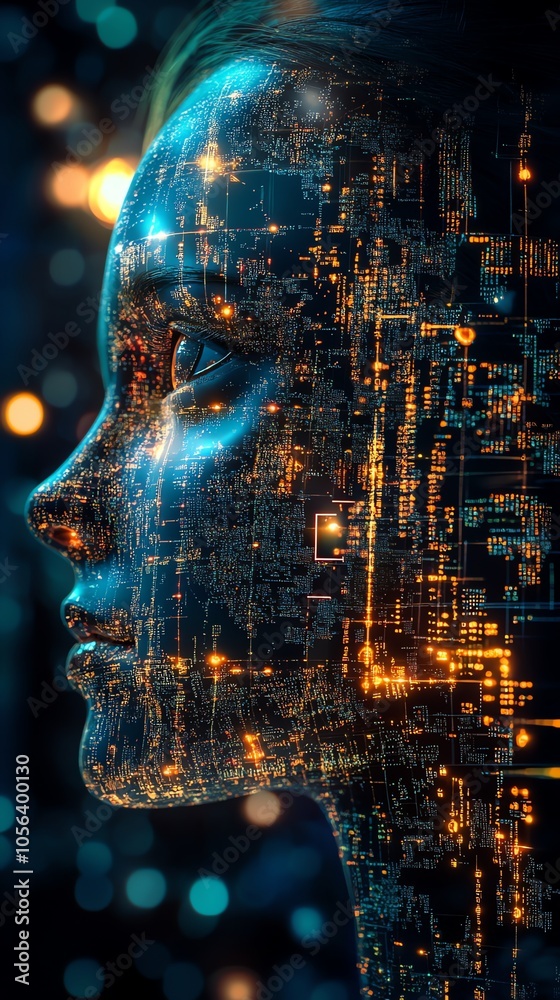 Poster a woman's profile is composed of glowing circuit board elements, symbolizing the merging of human an