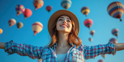 joyful young woman in checkered shirt and hat enjoys sunny day surrounded by colorful hot air balloons in sky. Her smile radiates happiness and freedom