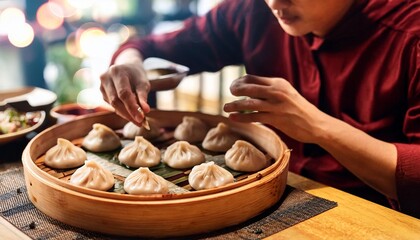 Faceless man eat Dumplings in restaurant with bokeh background. Chinese Food.