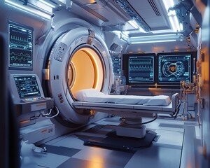 Futuristic medical room with advanced technology, glowing screens, and a high-tech examination bed, ideal for science fiction settings.