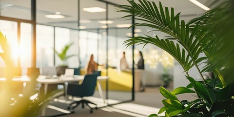 Modern office interior, sunlit workspace, glass walls, palm leaves in foreground, minimalist furniture, warm ambient lighting, clean aesthetic, open plan design, contemporary workplace, natural elemen