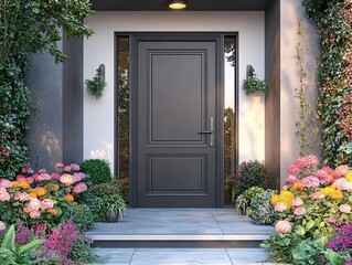 Elegant front door surrounded by colorful flowers and lush greenery, creating a welcoming entrance to a beautiful home.