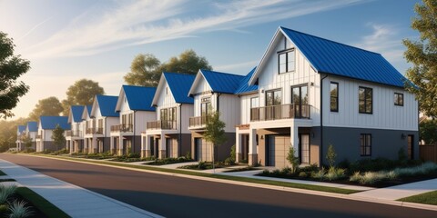Modern townhouses, blue roofs, white facades, suburban neighborhood, tree-lined street, residential development, clear sky, architectural rendering, crisp details, sunny day, symmetrical design, row o