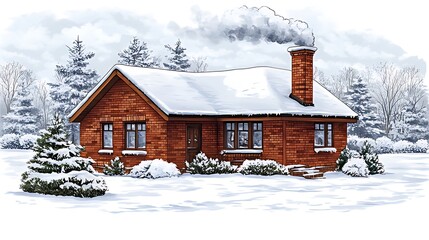 A cozy brick house with snow on the roof and a chimney with smoke rising from it, surrounded by snow-covered trees.