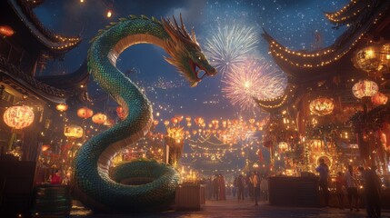 Obraz premium At a festive market, a magnificent dragon coils through cheerful crowds, surrounded by glowing lanterns and vibrant fireworks, creating a magical evening atmosphere.