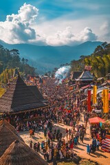 Wide-angle shot of the vibrant crowd at the Hornbill Festival, with traditional costumes and colorful decor, 4K resolution