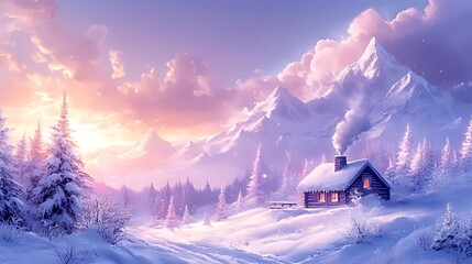 A cozy cabin nestled in a snowy mountain valley, bathed in the warm glow of sunrise, with a plume of smoke rising from its chimney.