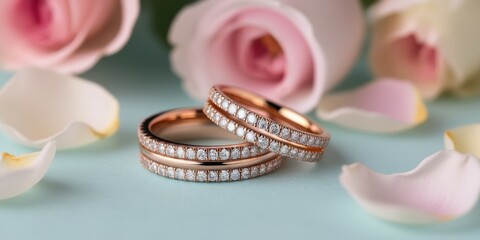 Wedding rings, diamond bands, rose petals, soft focus, pastel colors, romantic, elegant, jewelry photography, macro shot, floral backdrop, engagement, commitment, luxury, sentimental, close-up details