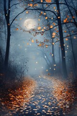 A serene forest path illuminated by a glowing moon, surrounded by autumn leaves and fog, creating a mystical atmosphere.