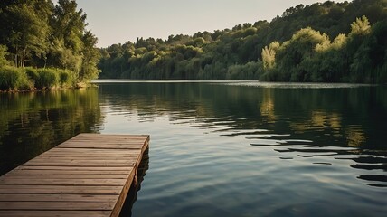Serene lakeside view with a wooden dock and lush greenery.