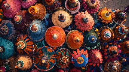 Top-down view of an array of colorful headdresses, lined up for sale at the Hornbill Festival, 4K resolution