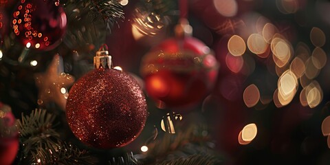 A tree with red and gold ornaments on it. The tree is decorated for Christmas. The ornaments are hanging from the branches