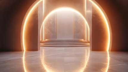 3D Illustration of a Futuristic Room with Marble Floor and Illuminated Arches