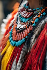 Close-up view of a traditional feathered necklace worn by a performer at the Hornbill Festival, emphasizing intricate details, 4K resolution