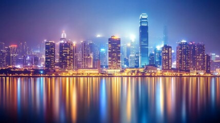 Naklejka premium Modern City Skyline with Bright Lighting at Night