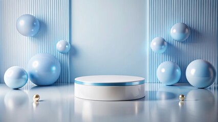 A Minimalist Display Featuring a White Circular Pedestal Surrounded by Smooth, Blue Spheres Against a Light Blue Background with Subtle Texture