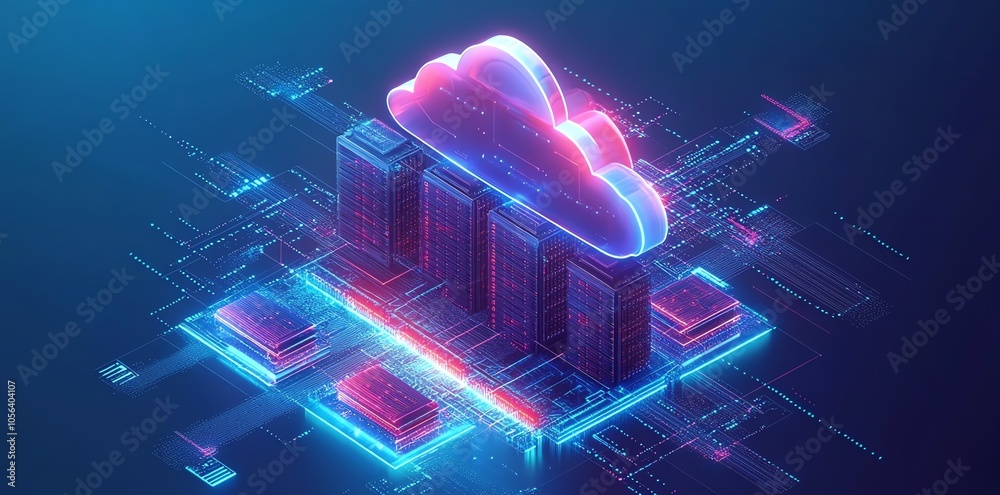 Poster Neon cloud computing symbol above servers with digital lines.