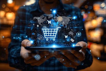 Man holding tablet with hologram displaying global network and shopping cart icon depicting online e-commerce concept for web design template and social media advertising in digital marketing